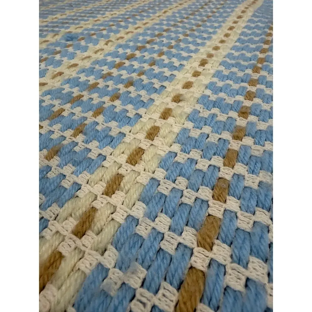 Vintage Hand Woven Afghan Throw Blanket – Baby Blue, Cream & Taupe 66” x 42”